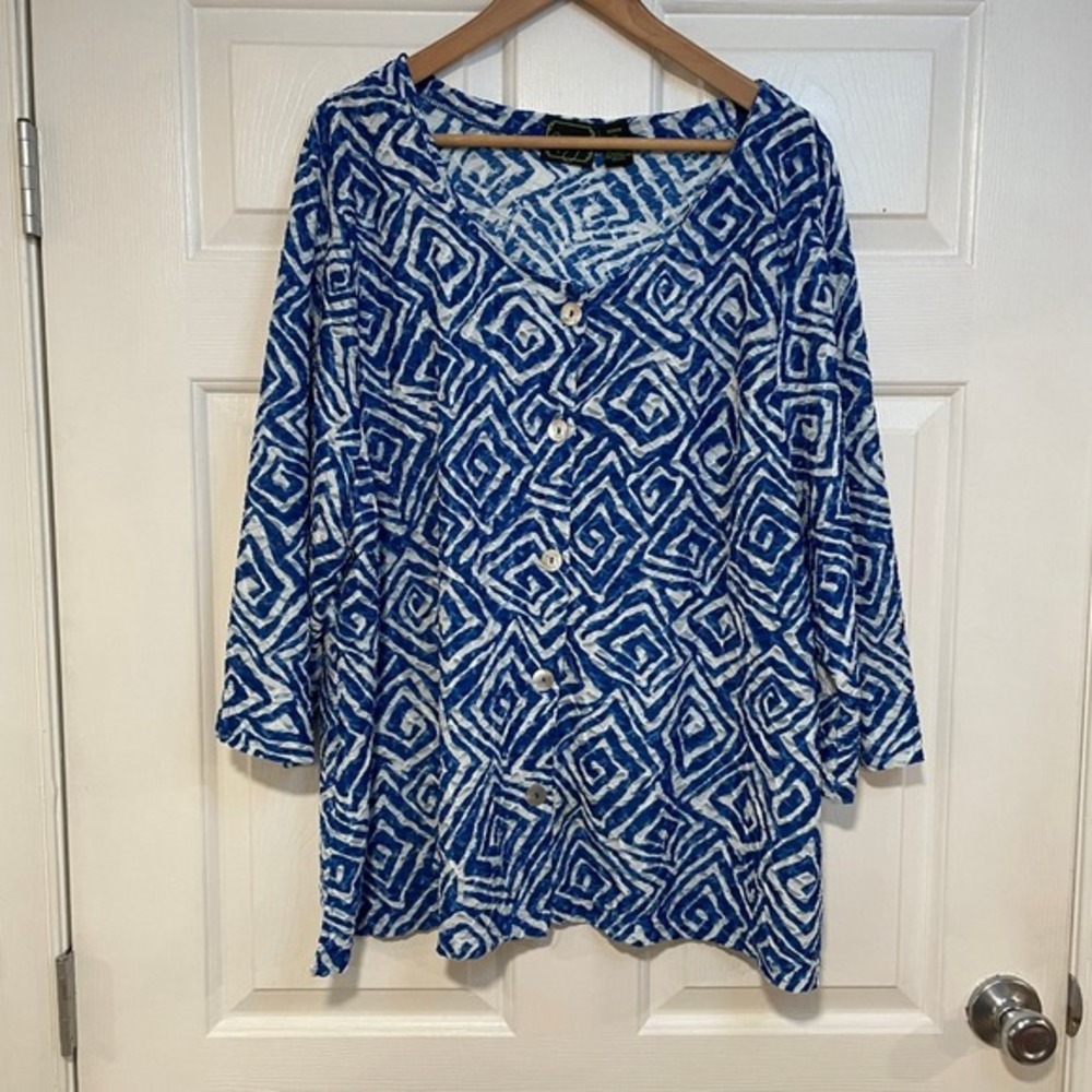 Womens 3X Nicaya Geometric Print Top Button Down Blue White‎ Print Flowy